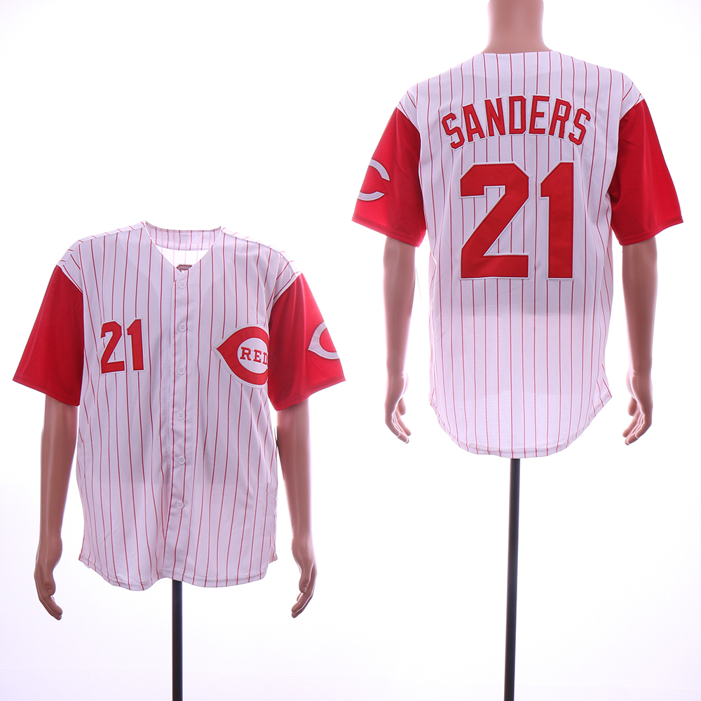 Men MLB Cincinnati Reds 21 Sanders white red strips jerseys